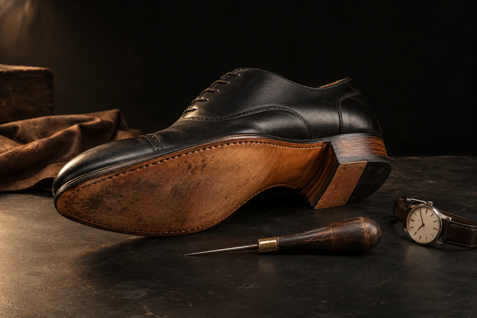 Original illustrative still life of a black leather shoe, tan sole, cobbler tool and watch